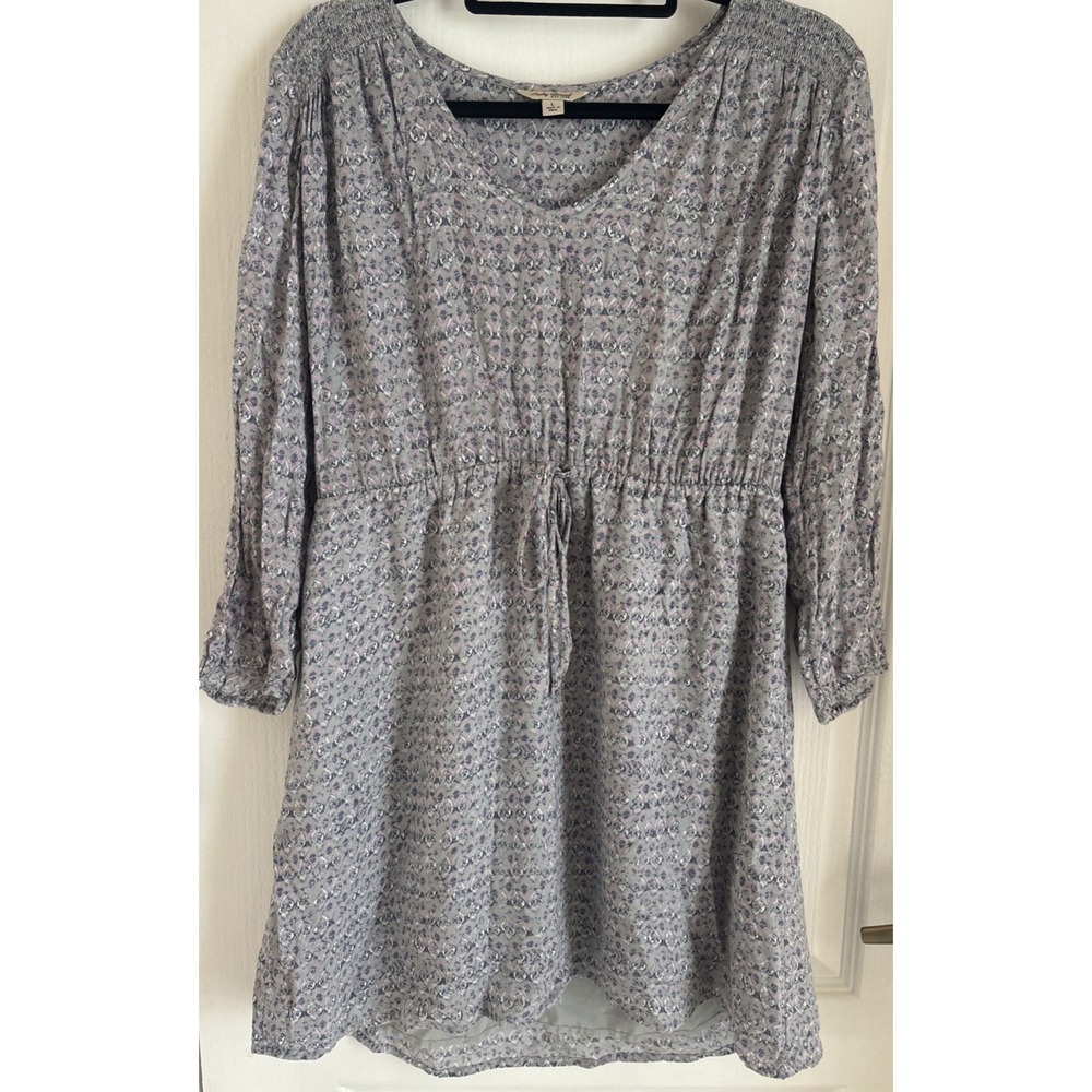 Lucky Brand Women's Dress Tunic Gray Floral 3/4 Sleeve Boho Cottagecore Large